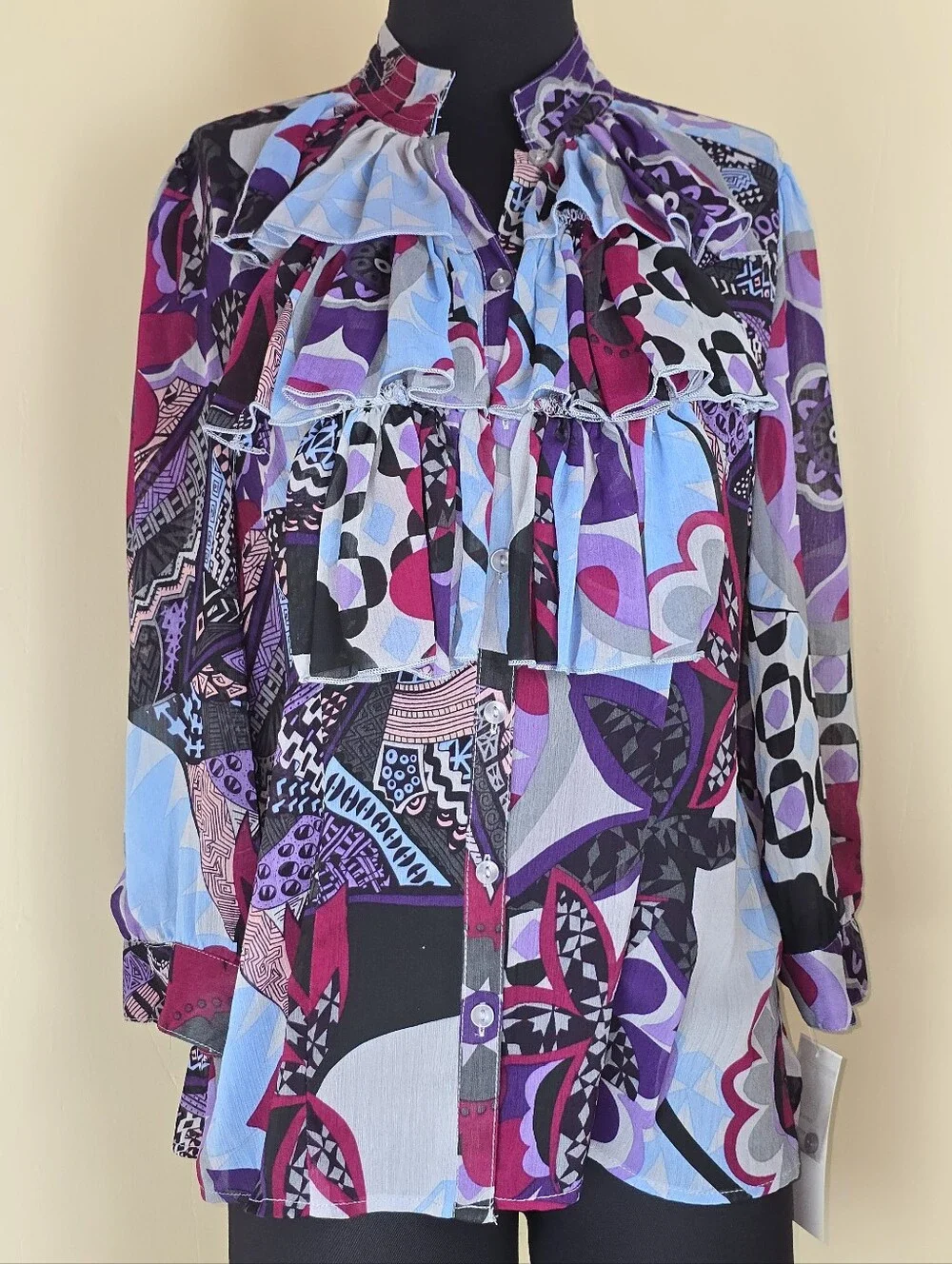 Jaipur Blue and Purple Boho Ruffled Chiffon Blouse NEW L